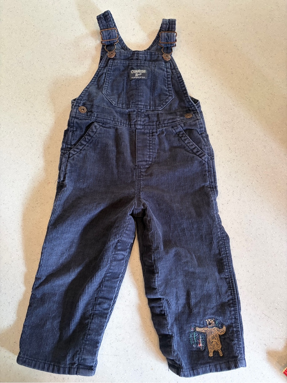 OshKosh B'gosh Sz 24M Navy Corduroy Overalls w. Embroidered Bear & Plaid Trees.